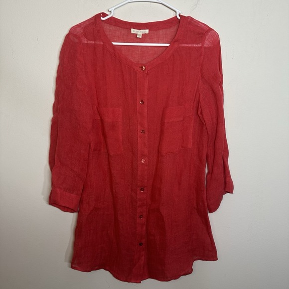 Eileen Fisher Button Up Blouse Shirt Small Red Linen  Tunic Top 3/4 Sleeve Light - Picture 1 of 5